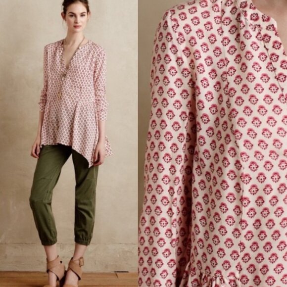 Anthropologie Maeve Laiken Henley Motif Oversized Blouse Pink Rayon Size 0 Boho - Picture 10 of 10